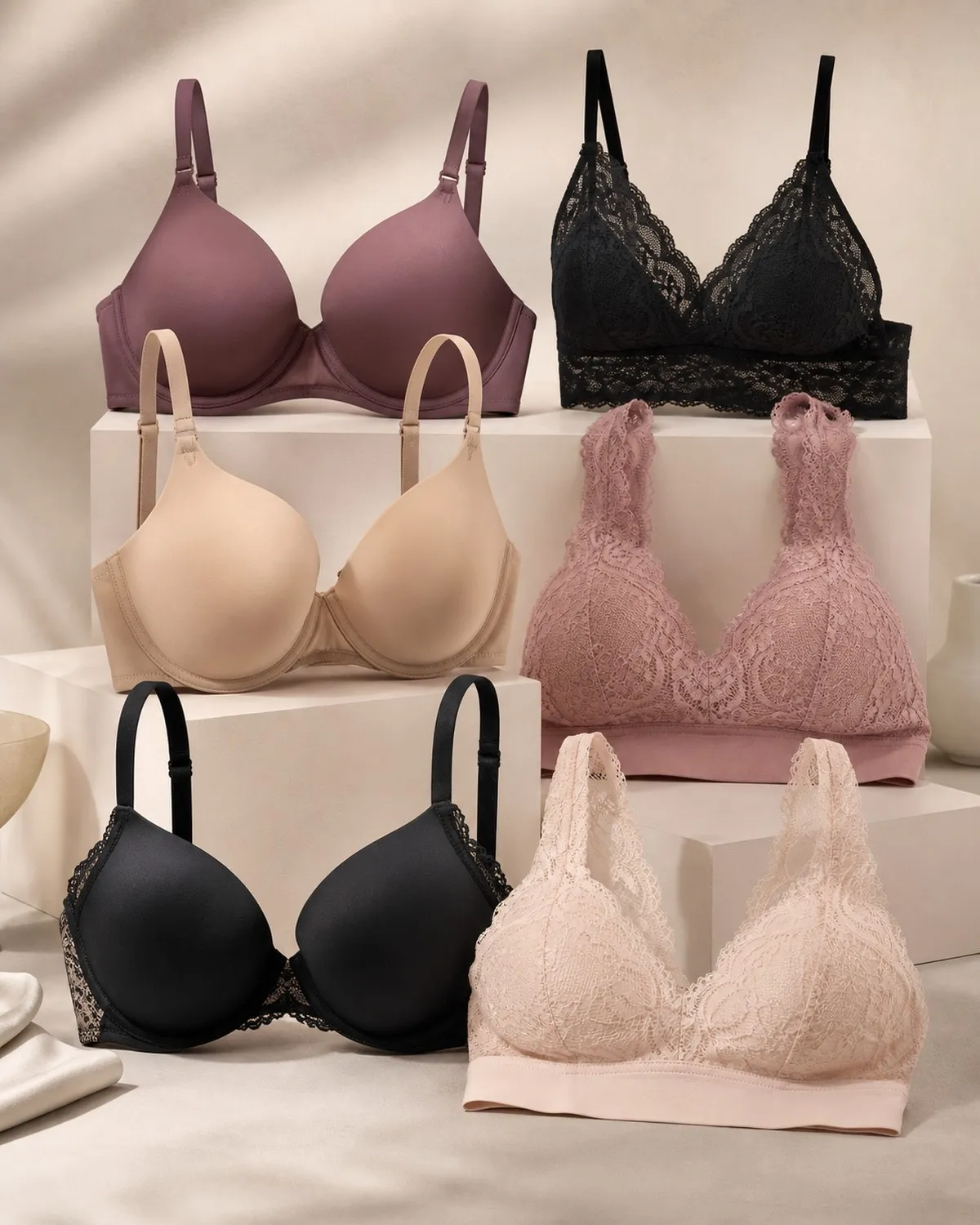Brassieres con copa y bralettes sin varilla en varios tonos